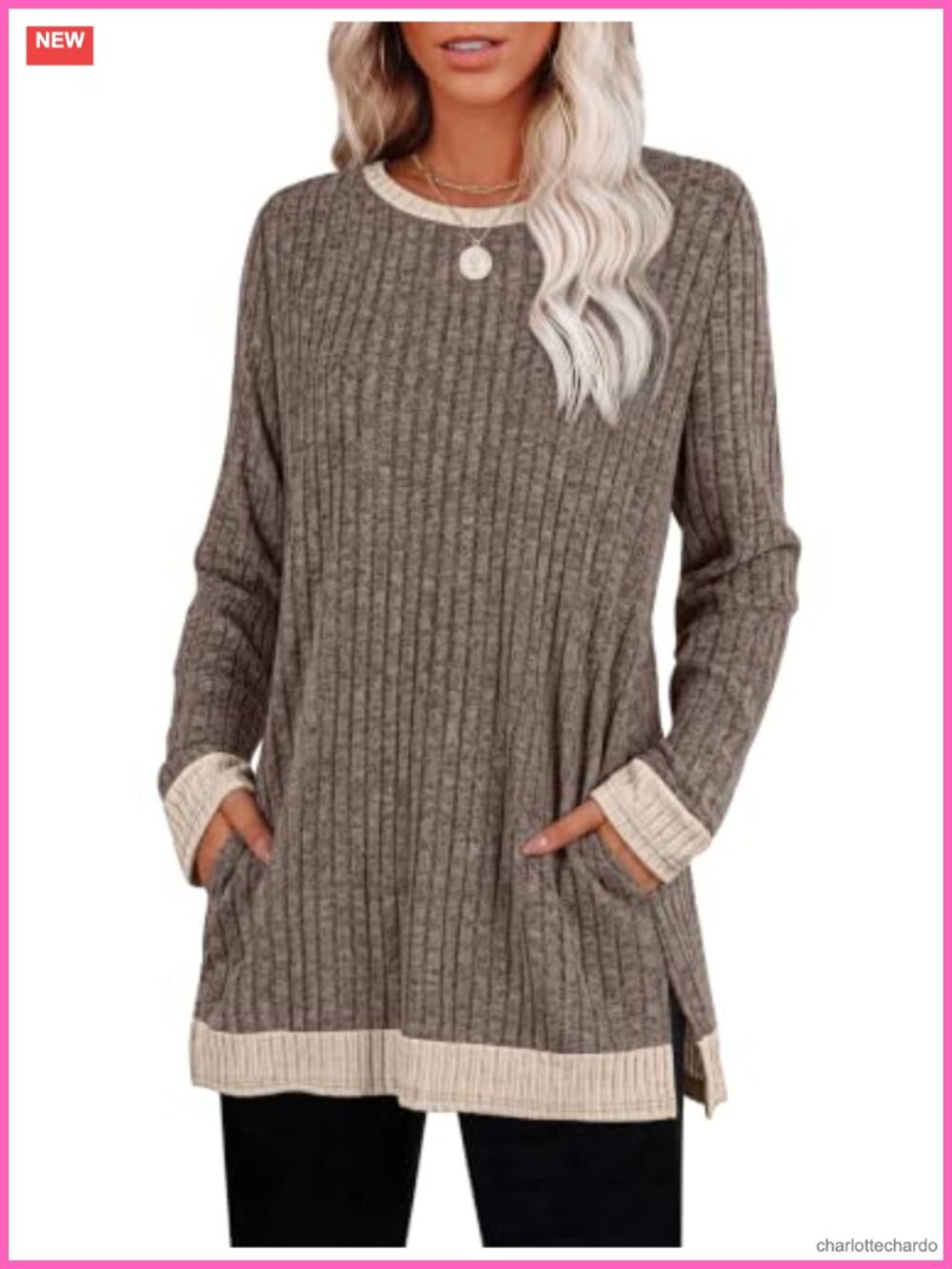 Long Sleeve Womens Tunic Top with Pockets Color Block